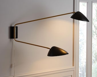 Mid Century Italian Wall Sconce, Adjustable Brass Arms, Black Shade