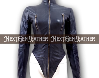 Ausgestattet schwarze Schaffell Leder Bodysuit Jacke - Langarm Zip Top