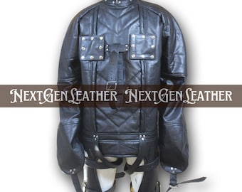 Schwarze Zwangsjacke aus Rindsleder | Verstellbare Rückhaltegurte, Cosplay Kostüm