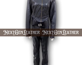 Schwarzer Lammfell-Lederoverall: Unisex-Outfit mit Reißverschluss vorn
