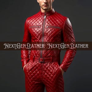 May include: A quilted red leather jacket and matching pants set. The jacket has a zip-up front, two chest pockets, and a stand-up collar. The pants have a belt and pockets. The text "NEXTGEN LEATHER" is printed on the image.