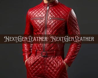 Men’s Red Quilted Sheepskin Leather Jumpsuit | Full Body Zip Suit | Stylish Designer Leather Outfit