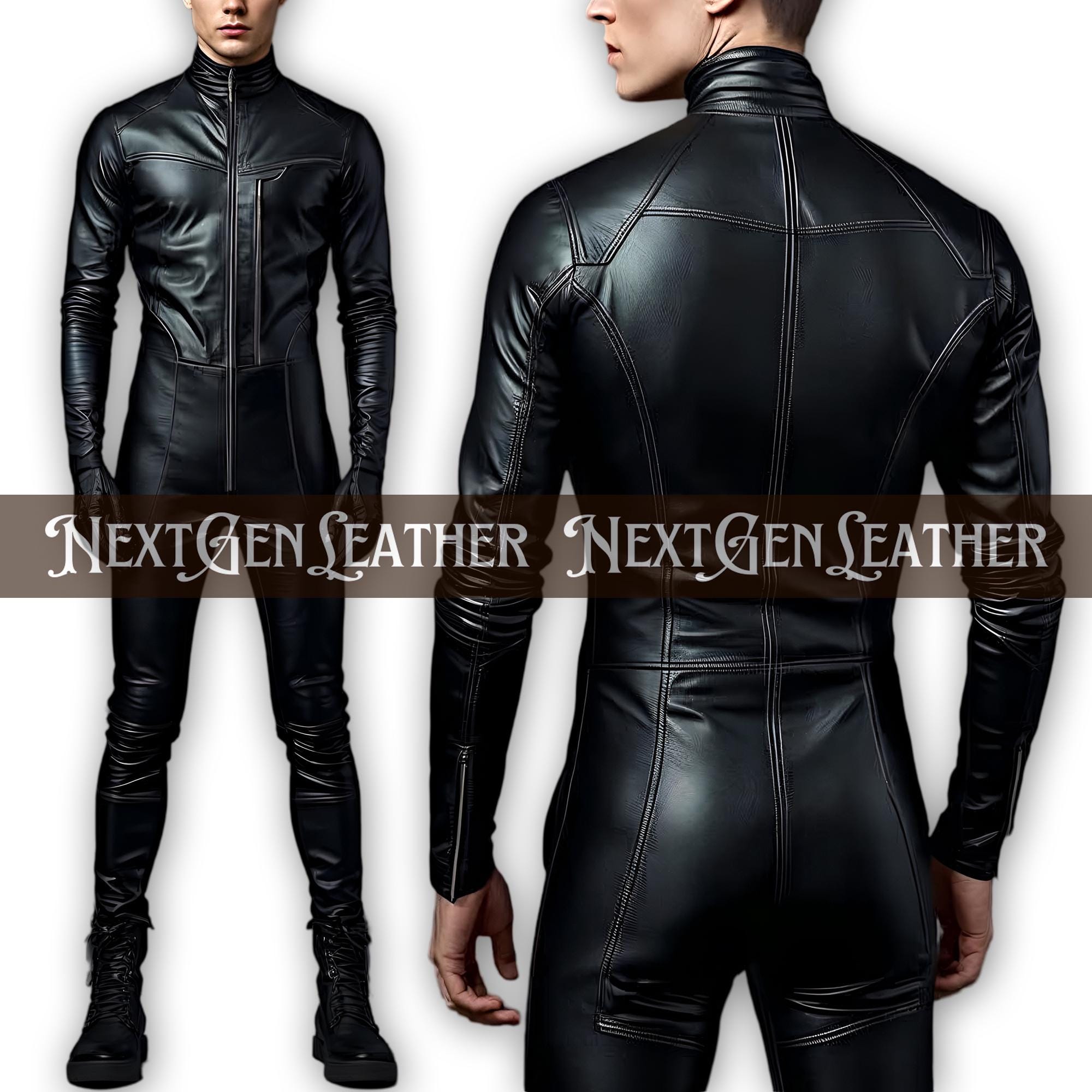 MENS GENUINE SOFT LEATHER CATSUIT BLACK FRONT ZIPPER OVERALL BODY SUIT JUMPSUIT
