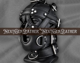 Gesichtsmaske aus echtem Leder mit verstellbaren Riemen, Schnallen und Metallringen