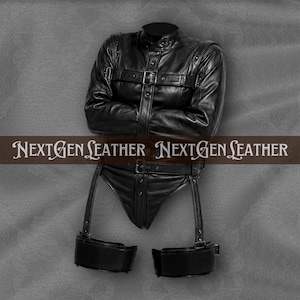 Genuine Leather Straitjacket Bodysuit with Adjustable Thigh Belts Restraint Catsuit for Cosplay