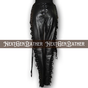 Women&#39;s High Waist Black Leather Pants – Sheepskin Tapered Fit with Side Lace-Up and Back Zip | Edgy Fashion Streetwear Look | Mature