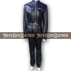 Black Sheepskin Leather Jumpsuit: Belted Waist, Zipper Front - Sleek Full Body Suit