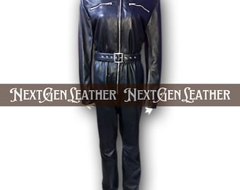 Black Sheepskin Leather Jumpsuit: Belted Waist, Zipper Front - Sleek Full Body Suit