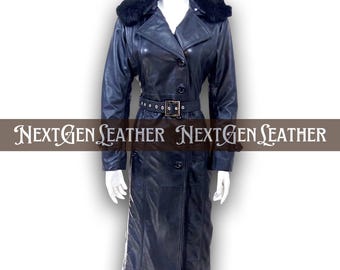 Schaffell Leder Trenchcoat - Schwarzer Kunstpelzkragen, Winter Oberbekleidung