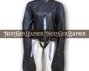 Unisex Leather Bondage Suit with Hood – Cosplay Restraint Jacket, Stylish Costume | Mature