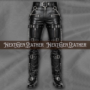 May include: Black leather pants with multiple zippers, buckles, and silver chain accents. The pants have a belt with a silver buckle and are branded with the text "NEXTGEN LEATHER".