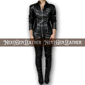 Black Sheepskin Leather Catsuit: Zip-Up Biker Jumpsuit