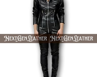 Black Sheepskin Leather Catsuit: Zip-Up Biker Jumpsuit