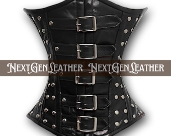 Schwarzes Schaffell Leder Unterbrust Korsett: Gothic Steampunk Nieten Taillen Cincher