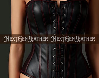 May include: Black leather corset with red stitching and a front closure. The corset has a strapless design and vertical seams. The text "NEXTGEN LEATHER" is printed on the front.