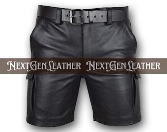 Herren Schwarz Schaffellleder Gebrauch Shorts mit Gürtel und Taschen | Ausgereift