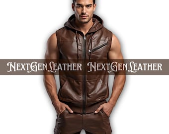 Men's Brown Sheepskin Leather Hoodie Vest & Pants Set