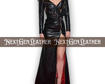 Schwarzes Schaffell-Lederkleid: Maxikleid mit Reißverschluss, Taille mit Gürtel