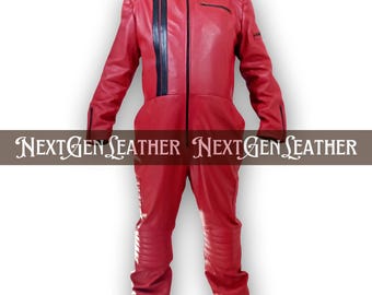 Red Sheepskin Leather Jumpsuit: Men's Fashion One-Piece Suit