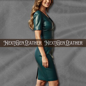 Women’s fitted black sheepskin leather pencil dress with short sleeves, V-neckline, smooth finish, defined waist, back zipper, and elegant back slit.