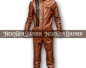 Herren Schaffellleder Jumpsuit: Gestreifter Motorrad-Stil