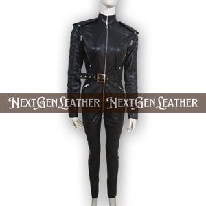 Premium Sheepskin Leather Women’s Jumpsuit – Belted Slim Fit, Shoulder Epaulets, Quilted Sleeves, Pockets | Mature