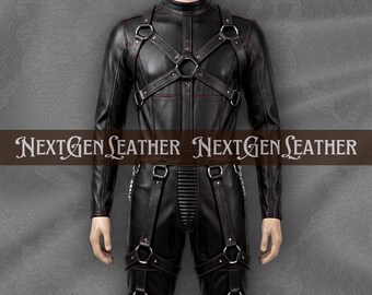 Black Genuine Leather Jumpsuit for Men Harness Bodysuit O-Ring Straps Gothic Style