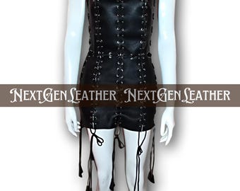 Black Leather Lace-Up Mini Dress: Gothic Strapless Corset Bodycon