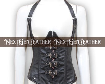 Top corsetto in pelle di pecora: cinghie con fibbia, corsetto in vita gotico steampunk