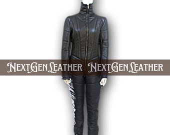 Black Sheepskin Leather Catsuit: Slim Fit Jumpsuit with Zippers