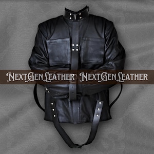 May include: Black leather jacket with a high collar, two front pockets, and multiple straps. The jacket has a button closure and the text "NEXTGEN LEATHER" is displayed across the image.