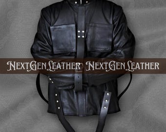 Secure Black Cowhide Leather Straitjacket for Men with Multiple Buckle Straps