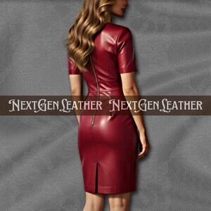 Women’s black genuine sheepskin leather dress with fitted pencil silhouette, V-neckline, short sleeves, structured waist panel, back zipper, and center-back slit.