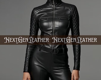 Zwarte schapenvachtleren jumpsuit voor dames | Pak met rits | Moderne streetwear-look