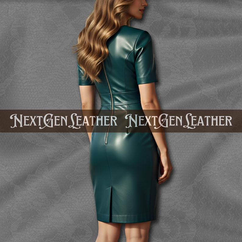 Women’s fitted black sheepskin leather pencil dress with short sleeves, V-neckline, smooth finish, defined waist, back zipper, and elegant back slit.