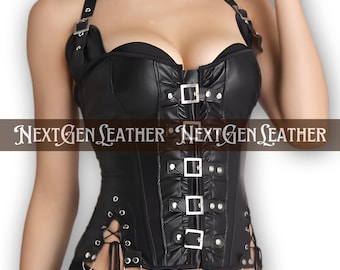 Schwarzes Schaffell Leder Korsett: Bustier Top mit Schnalle, Gothic Steampunk Fashion