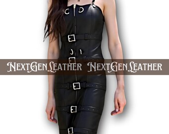 Schwarzes Schaffellleder Bodycon Kleid: Korsett Rücken, Schnalle Riemen