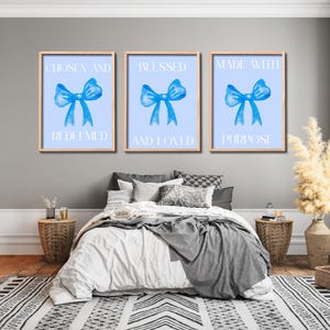 Set of 3 Christian Wall Art Prints- Blue Bible Verse Decor With Bows- Digital Download for Teen Girl Room