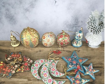 12 tlg. Vintage Weihnachtsbaumschmuck Papier Kugeln , 12 alte Kugeln Pappmache Weihnachtskugeln, Nostalgie Weihnachtsdeko Papier Kugeln