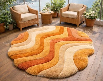 Handgetuft abstract golvend vloerkleed, organisch gevormd oranje vloerkleed, moderne boho woondecoratie