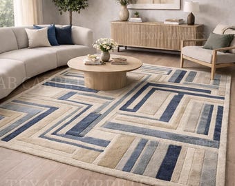 Hand Tufted Geometric Area Rug, Modern Wool Rug for Living Room, Contemporary Handmade Rugs