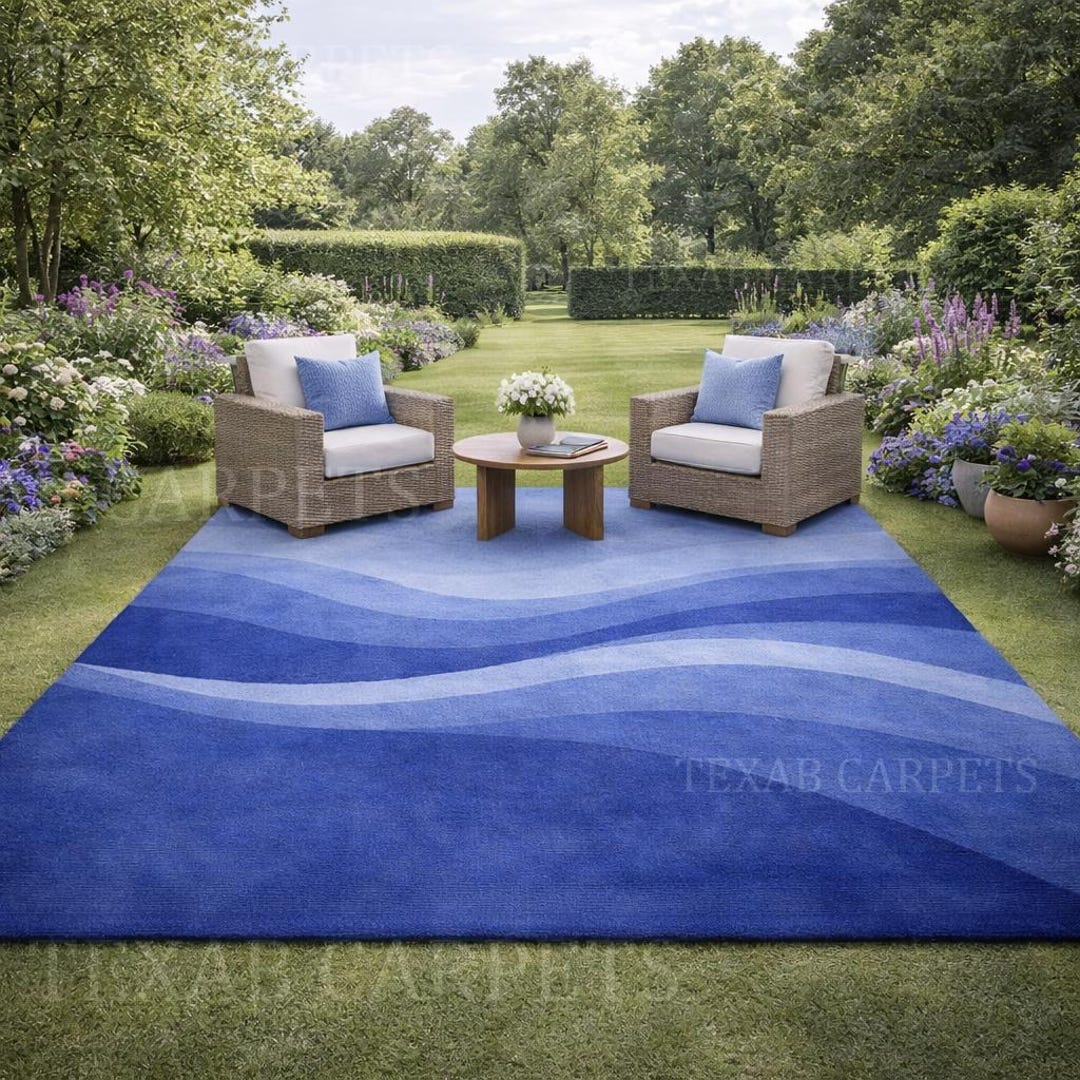 Hand Tufted Blue Wave Wool Rug, Modern Abstract Carpet - Etsy