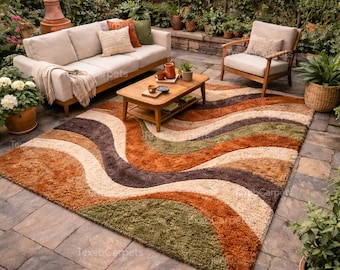 Hand Tufted Wool Area Rug, Earth Tone Abstract Wave Design