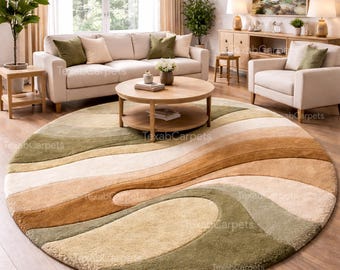 Rond wollen vloerkleed, abstracte golf, moderne stijl uit het midden van de eeuw