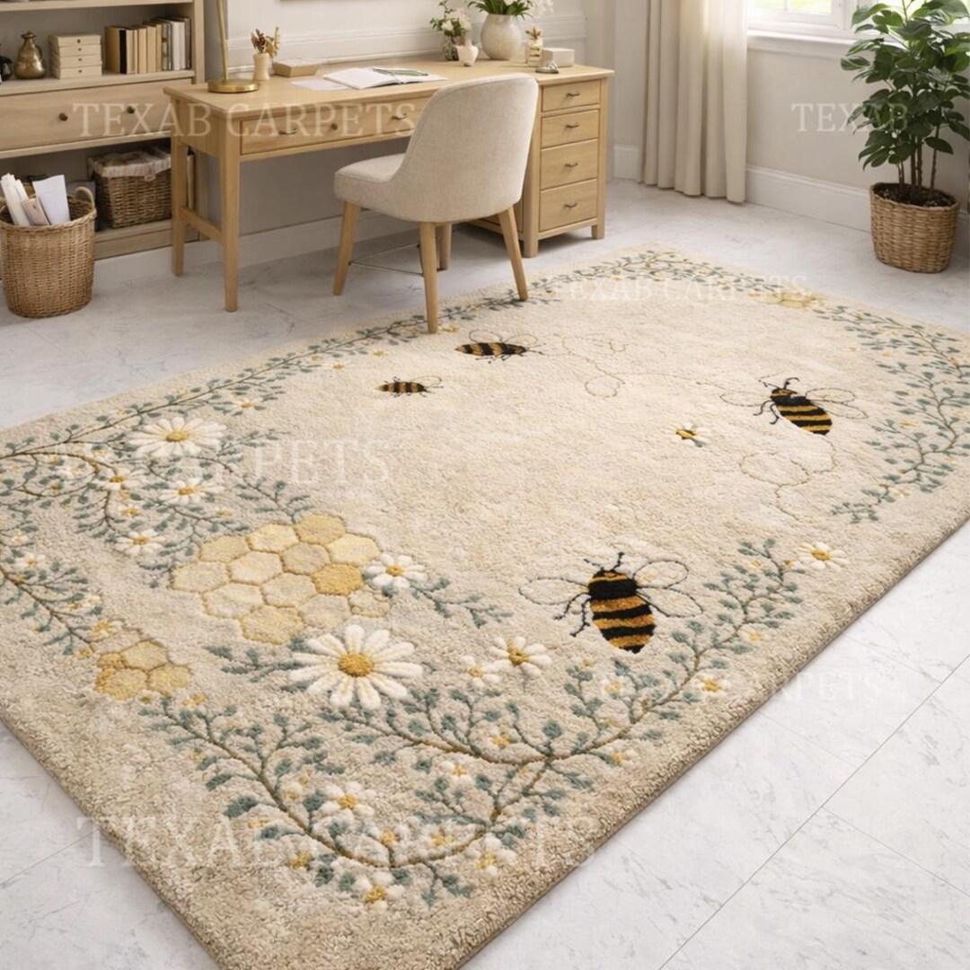 Bee Pattern Rug Hand Tufted Wool Bee Rug, Cottagecore Floral Honeycomb Carpet - Etsy