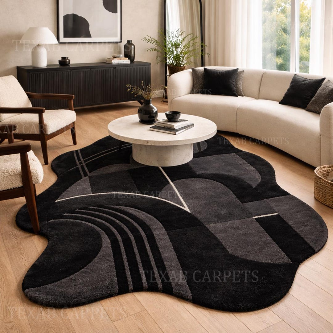 Hand Tufted Wool Rug Black Abstract Modern Rug Scandinavian Geometric ...