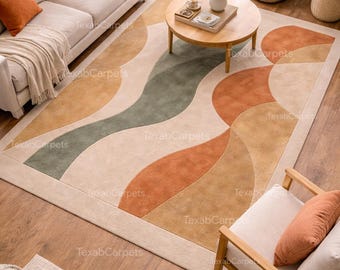 Hand Tufted Abstract Rug, Modern Wavy Wool Area Rug, Sage Green Terracotta Neutral Rug, Organic Contemporary Home Decor