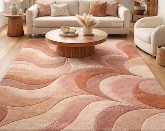 Hand Tufted Wool Area Rug, Terracotta Wave, Retro Mid Century Modern