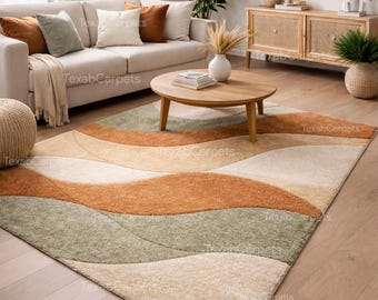 Hand Tufted Wool Rug | Wavy Abstract Design, Sage Green & Terracotta
