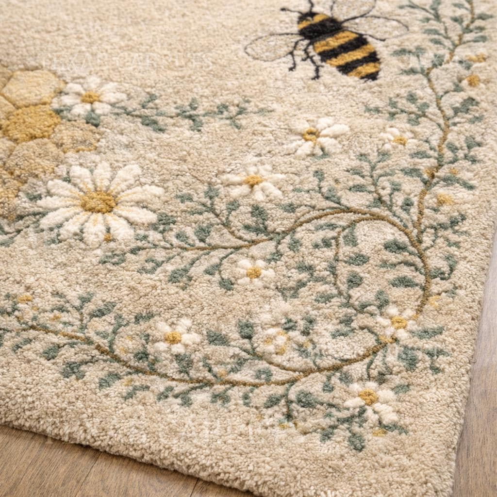 Hand Tufted Wool Bee Rug, Cottagecore Floral Honeycomb Carpet - Etsy